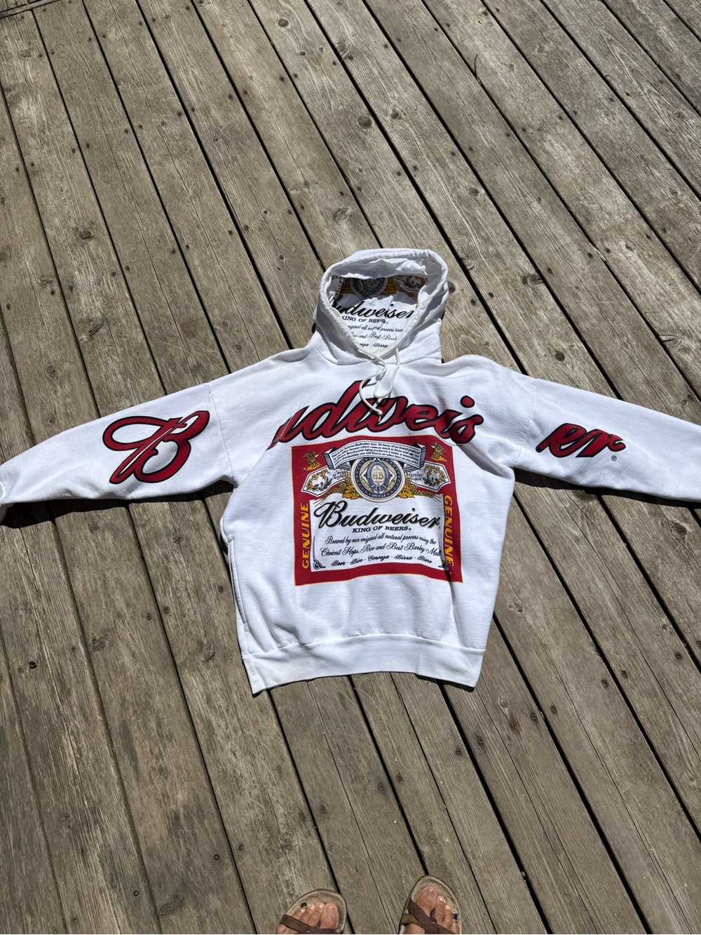 Y2k Budweiser White Hoodie with Red and Gold Label Graphic #vintage